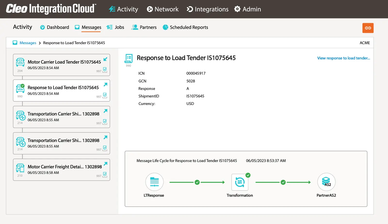 EDI 990 transaction document in cleo integration cloud