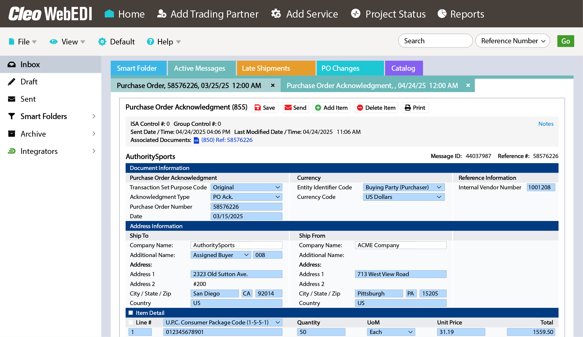 Supplier Portal Purchase Order Acknowledgement Screenshot
