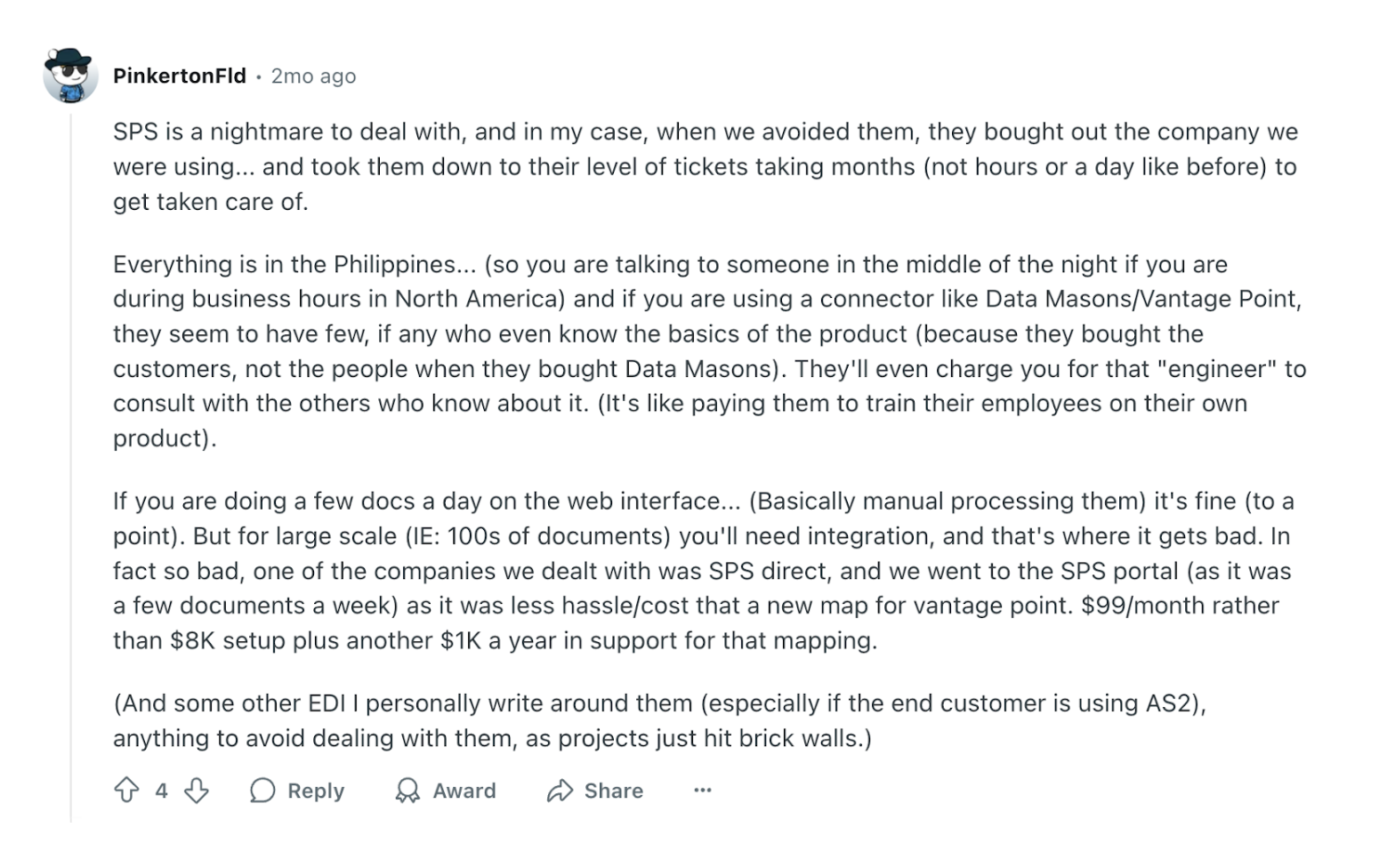 SPS EDI service review screenshot