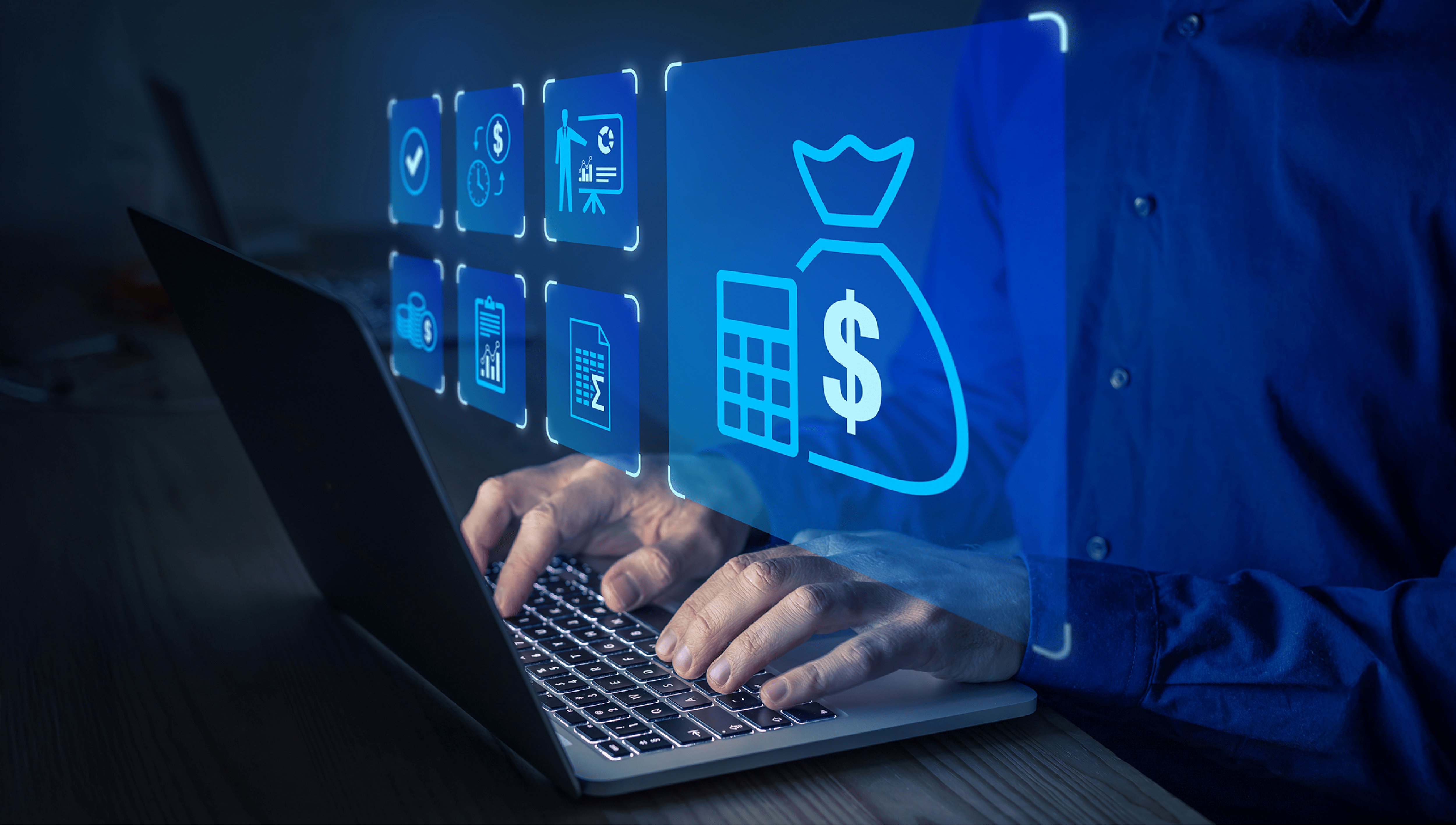 Typing on computer. Computer screen shows money.