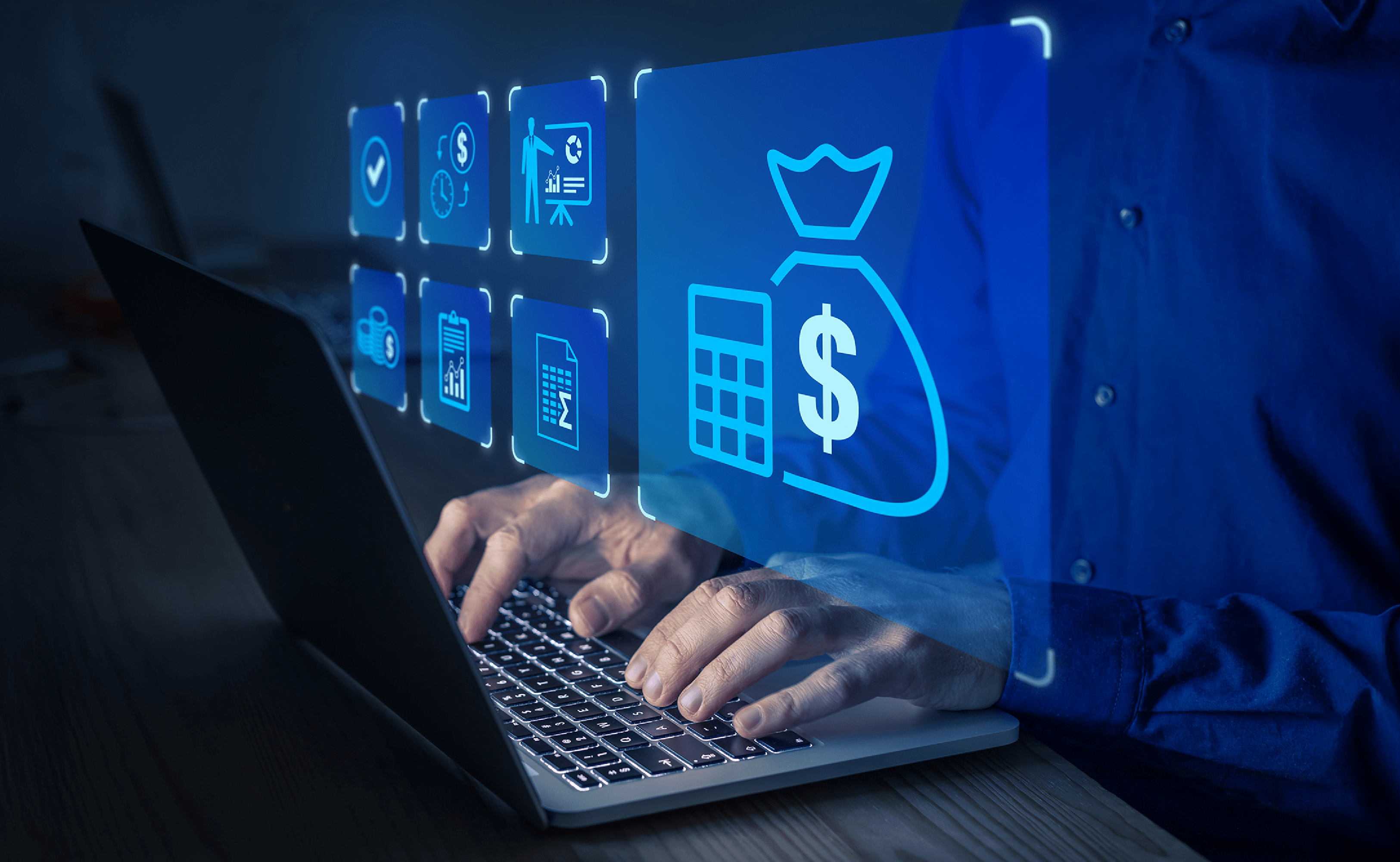 Typing on computer. Computer screen shows money.