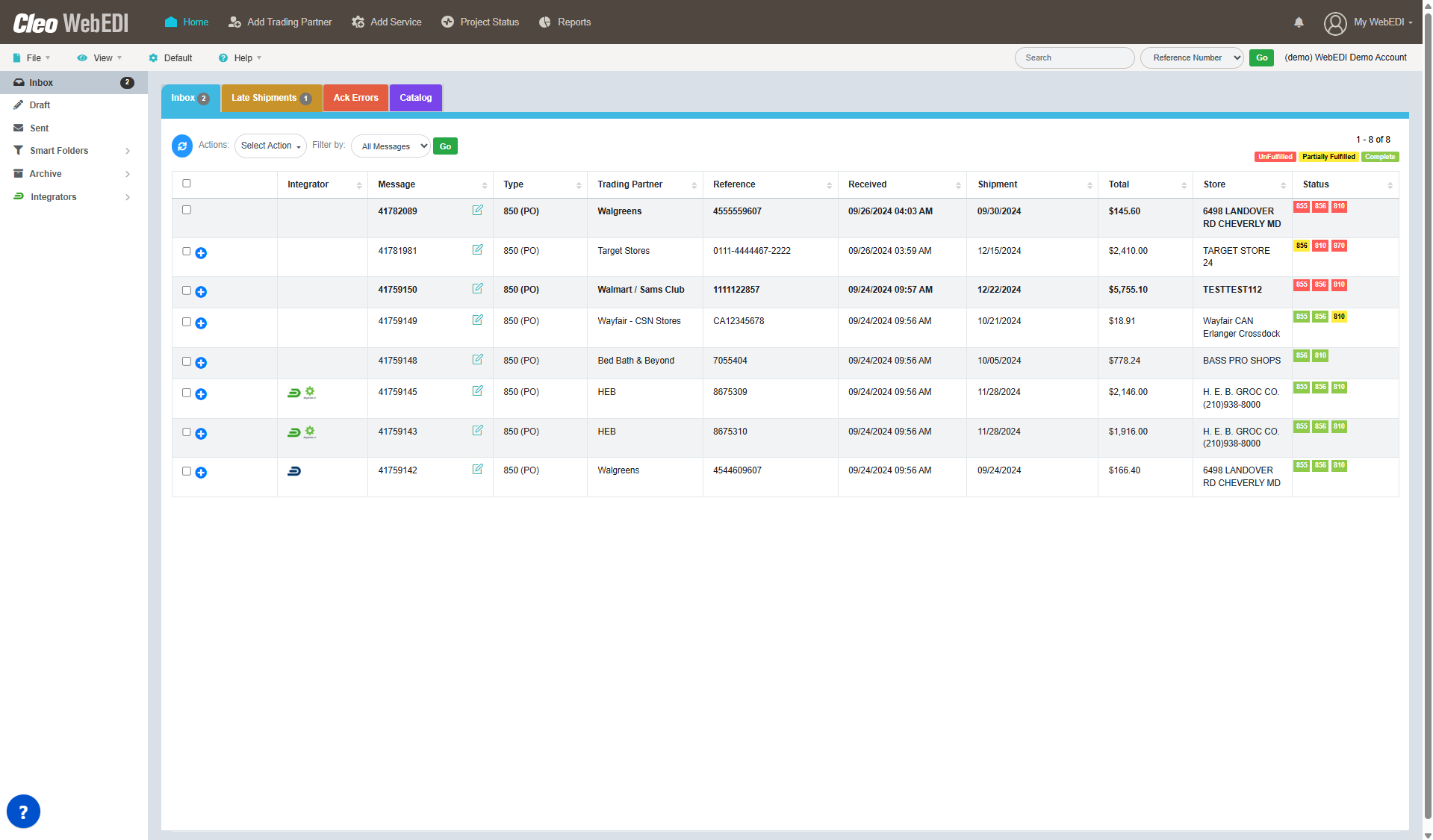 Cleo WebEDI inbox showing trading partner documents, order details, shipment dates, and document status