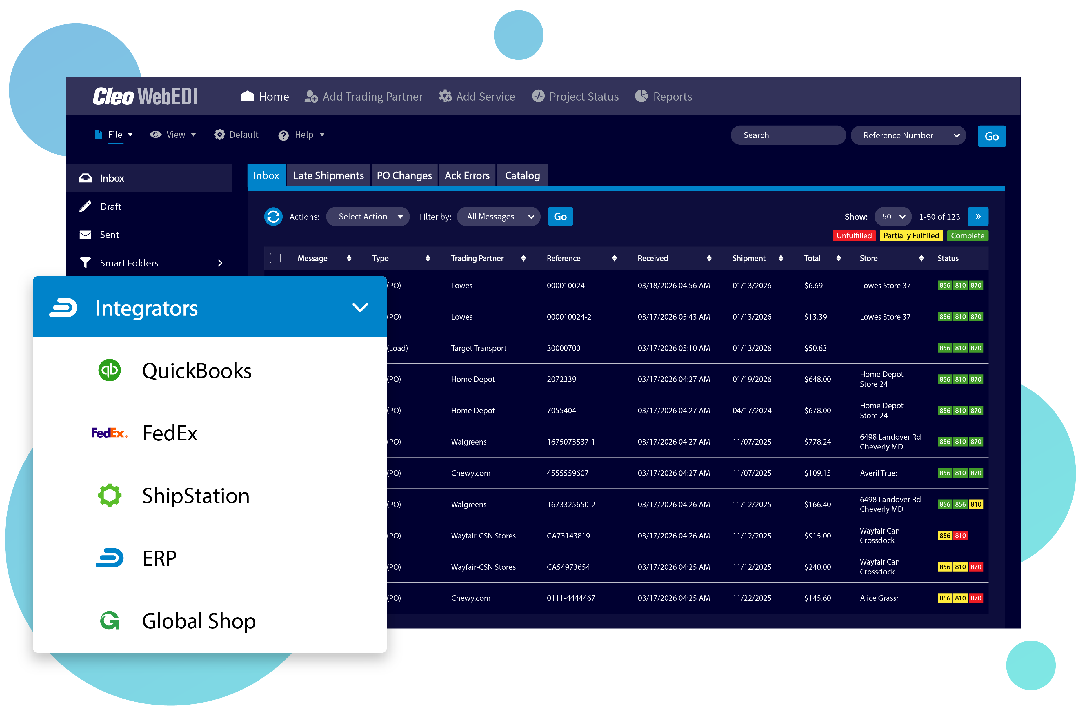 Cleo WebEDI portal dashboard showing document inbox and integration options