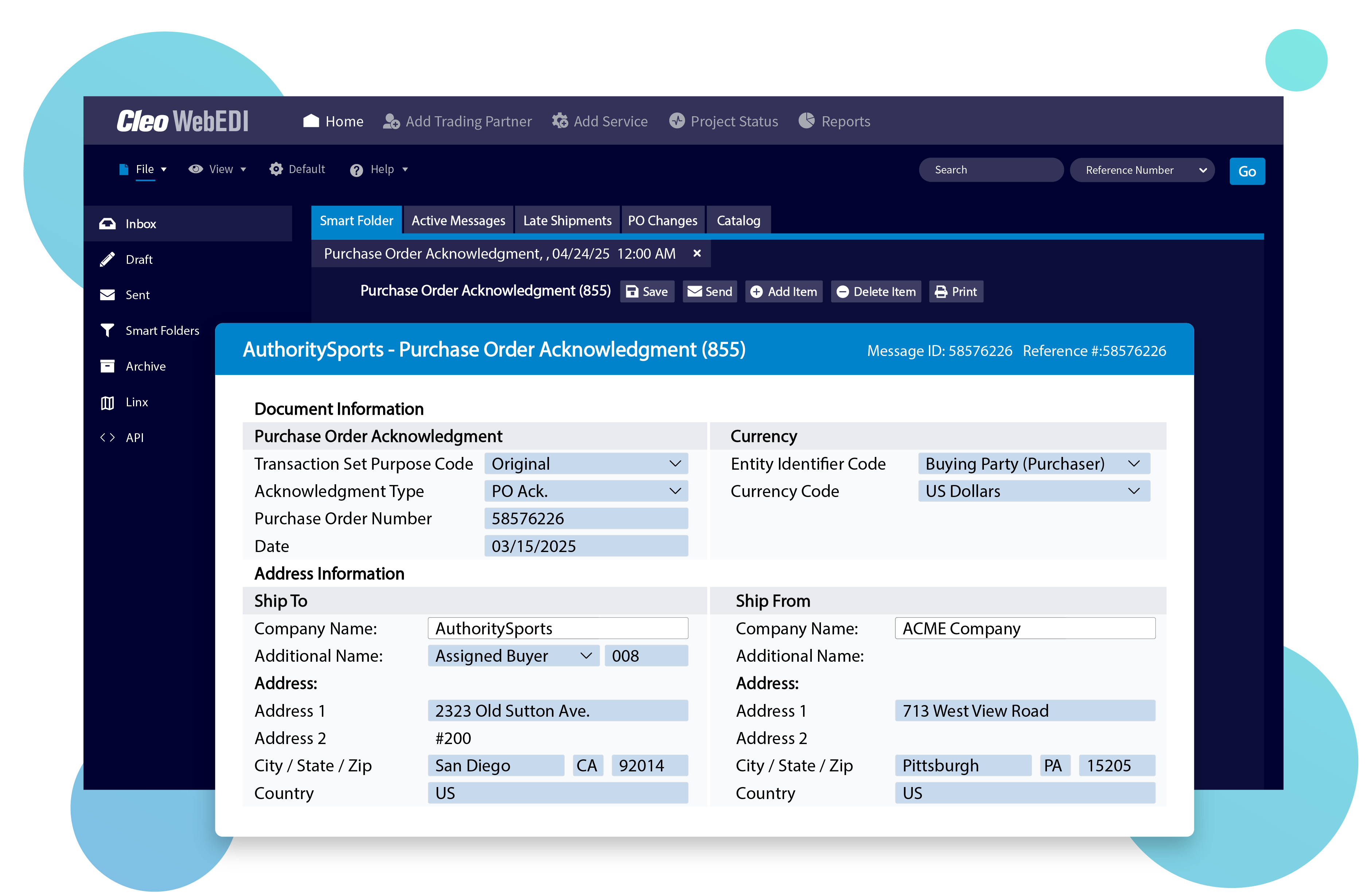 Cleo WebEDI purchase order acknowledgment workflow screen