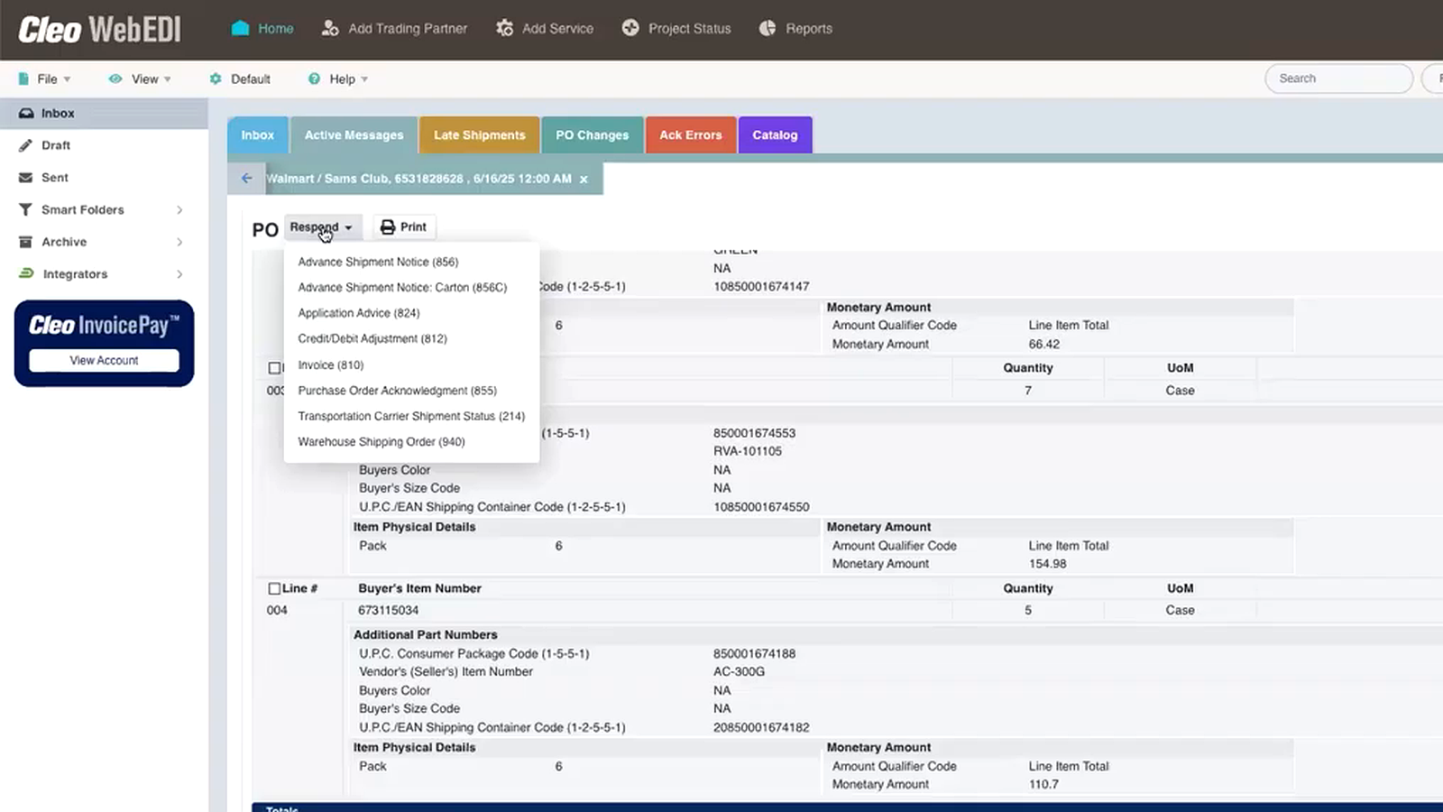 Cleo Web EDI Portal supplier purchase order response workflow