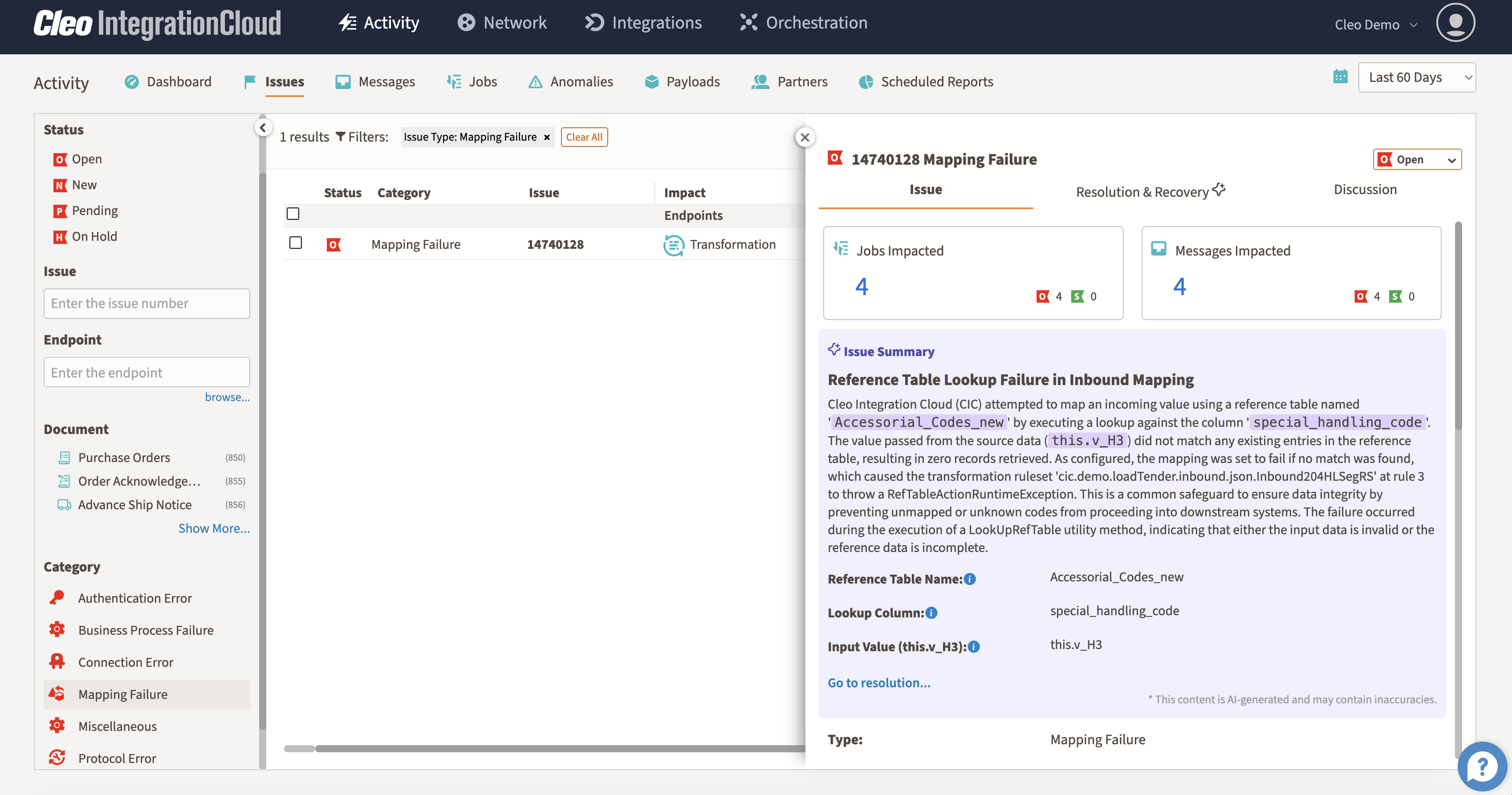 Cleo intelligent exception management screen grouping issues into AI-generated categories
