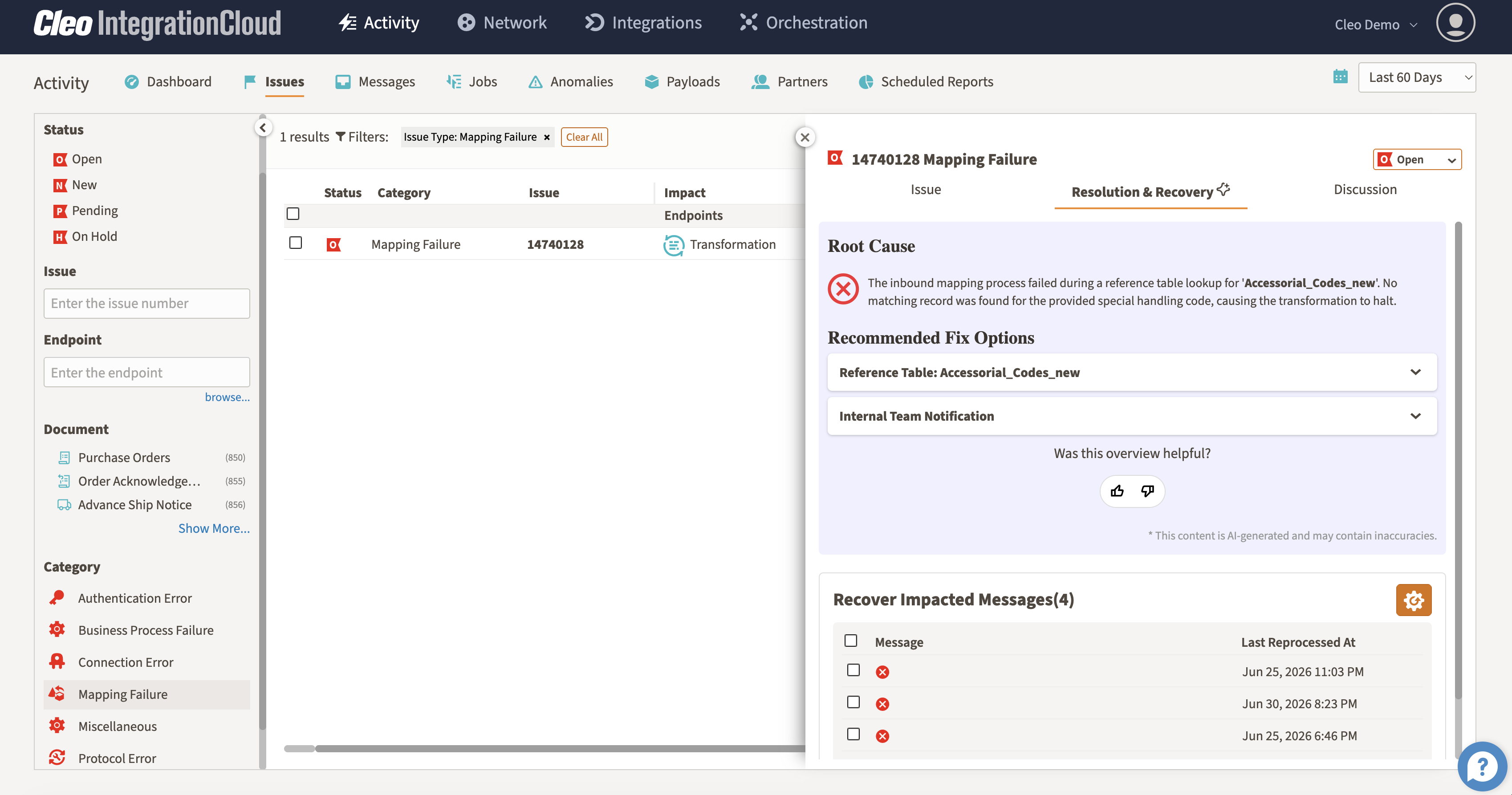 Cleo AI recommended resolution and recovery path for an exception