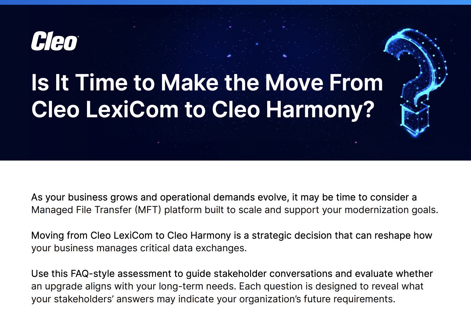 Infographic comparing Cleo LexiCom and Cleo Harmony for Managed File Transfer modernization