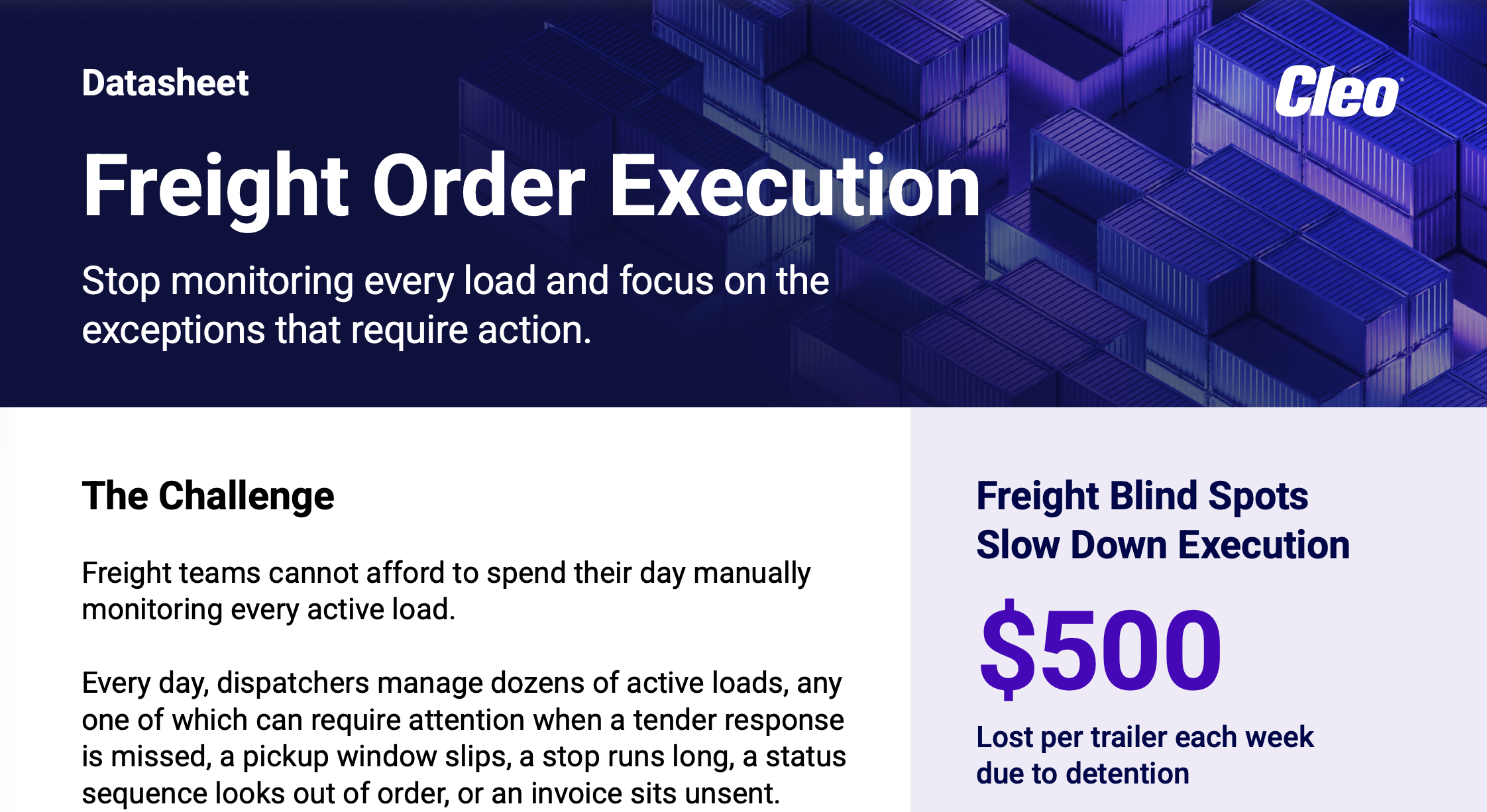 Freight Order Execution datasheet for asset-based carriers showing freight visibility, exception management, and load-level insights.