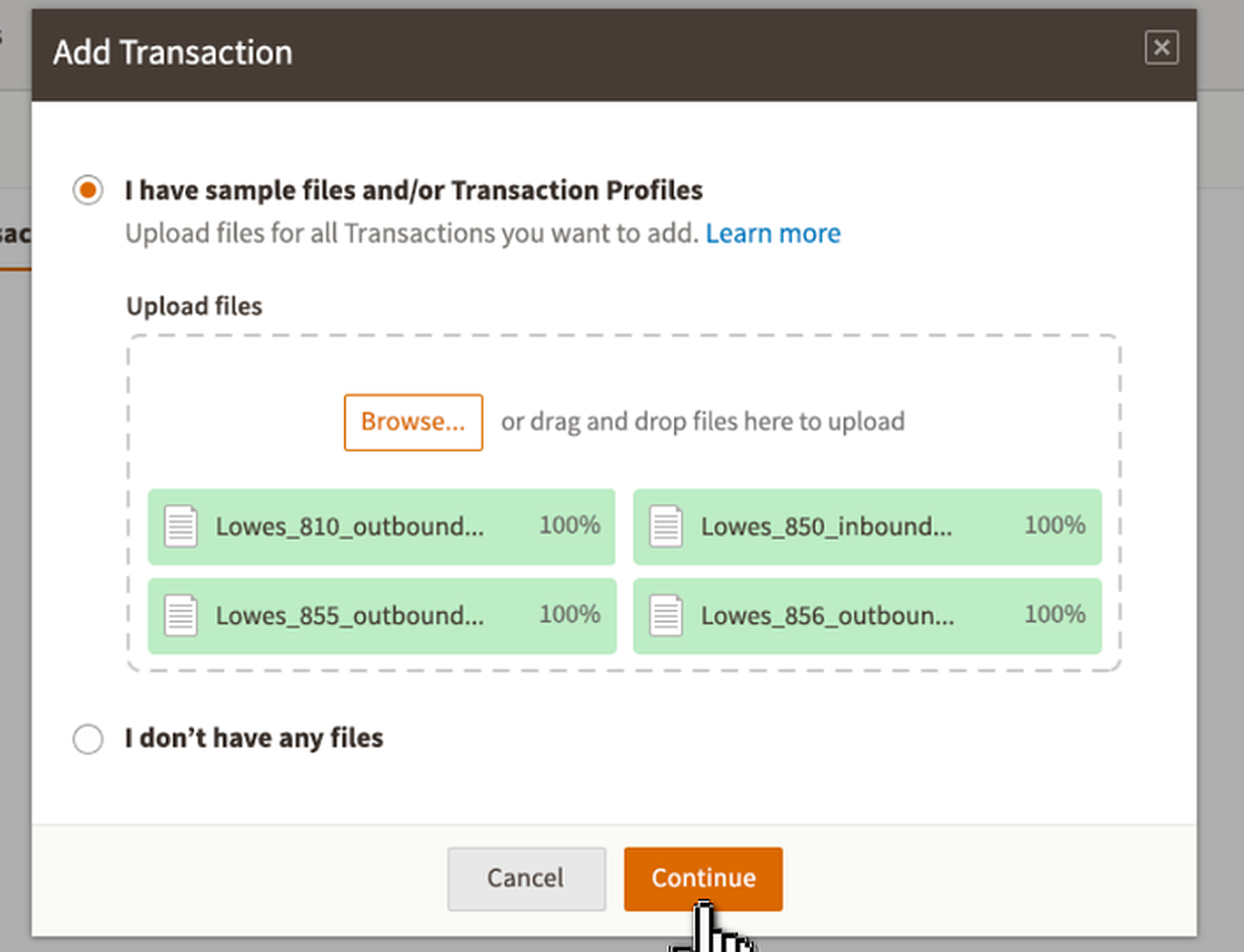 Cleo Partner Library transaction assets showing divisions, ISA and GS pairings, document types, directions, versions, and sources
