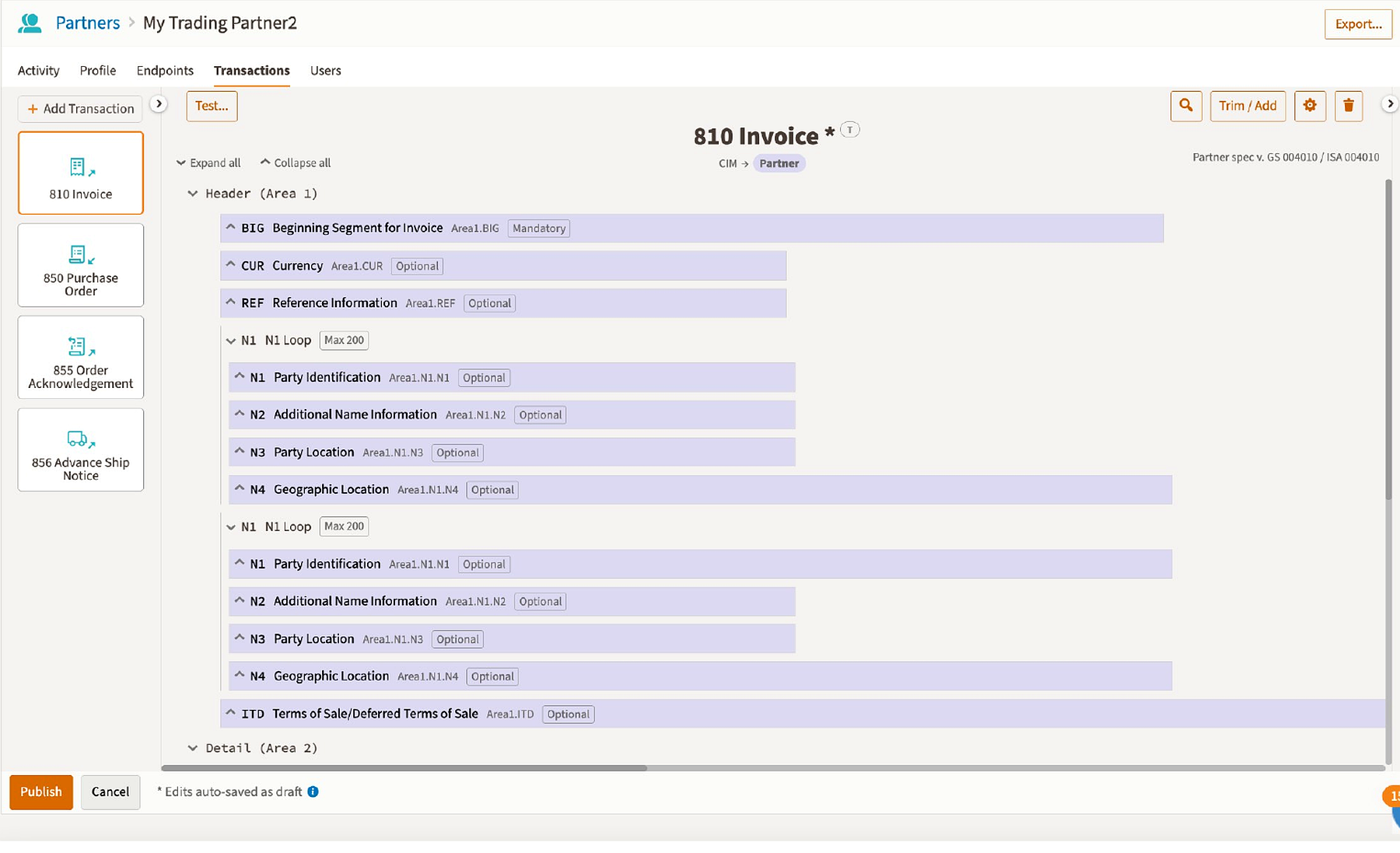 Cleo transaction settings screen for direction and EDI version confirmation