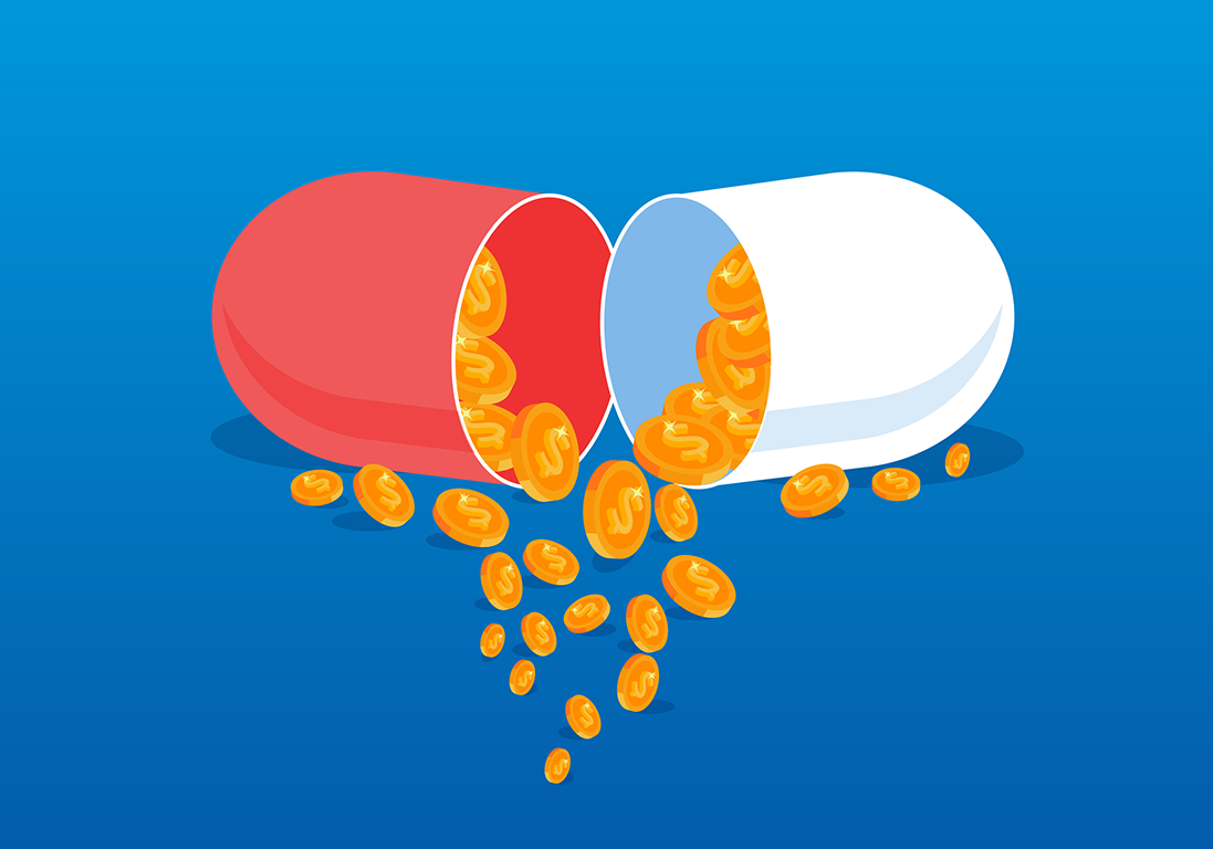 A pill filled with coins mirrors the idea that B2B integration is a cure for business ailments