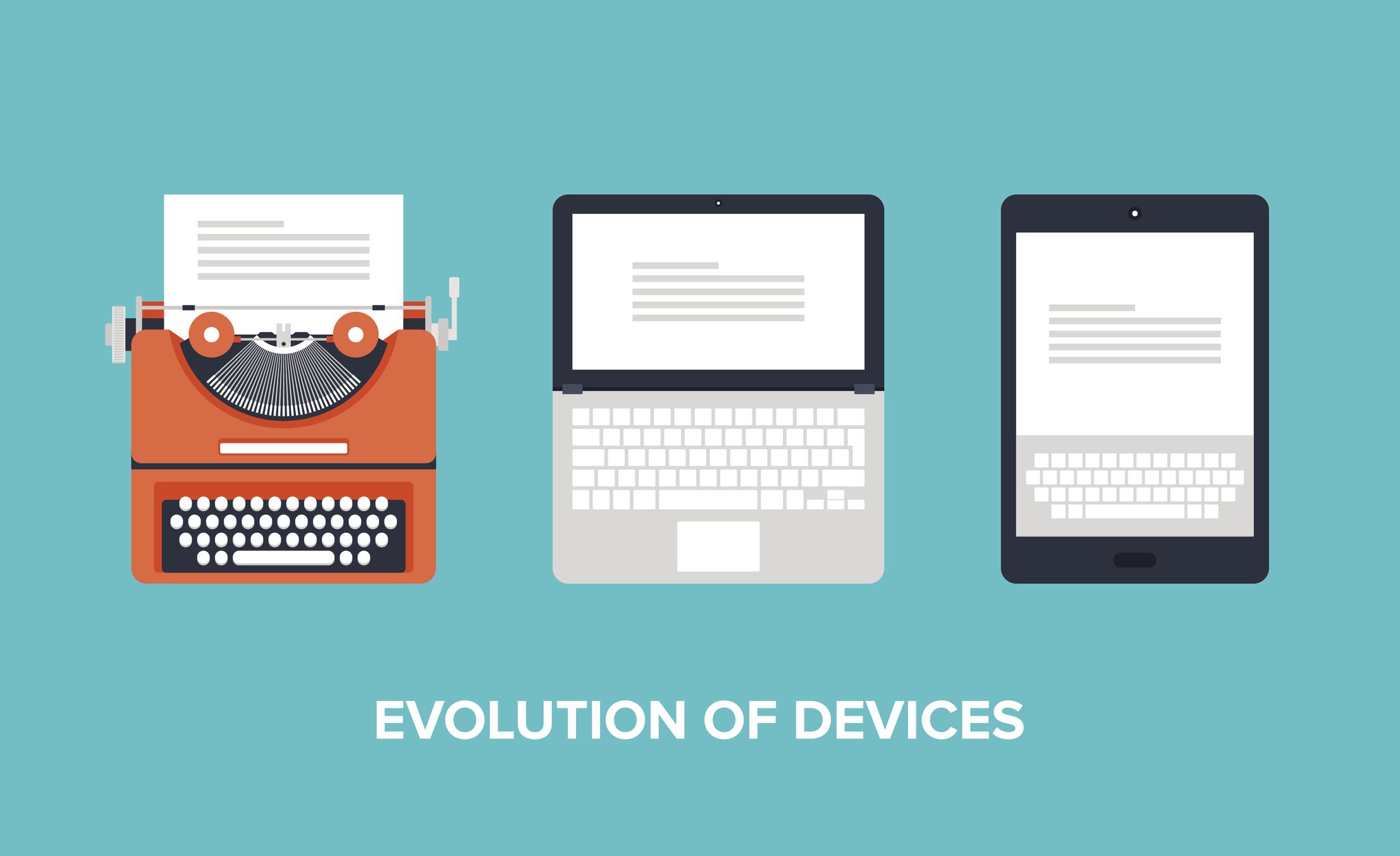 Evolution of devices from typewriter to laptop to a modern tablet