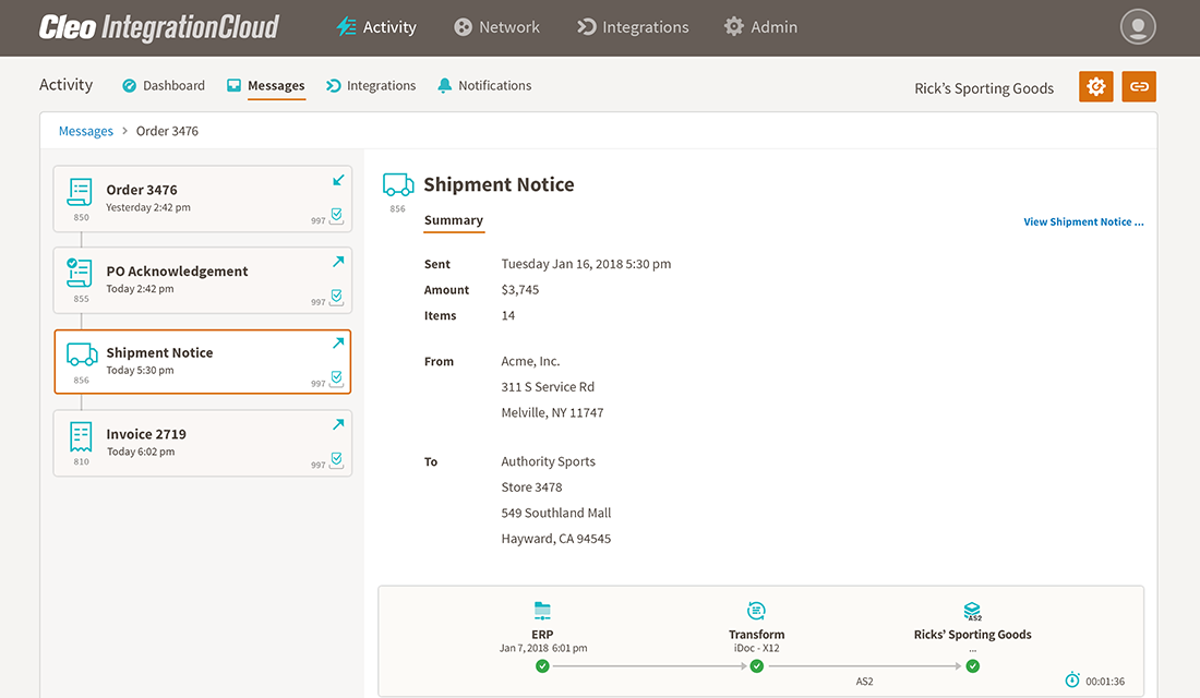 A screenshot of an EDI 856 Advanced Shipping Notice in Cleo Integration Cloud