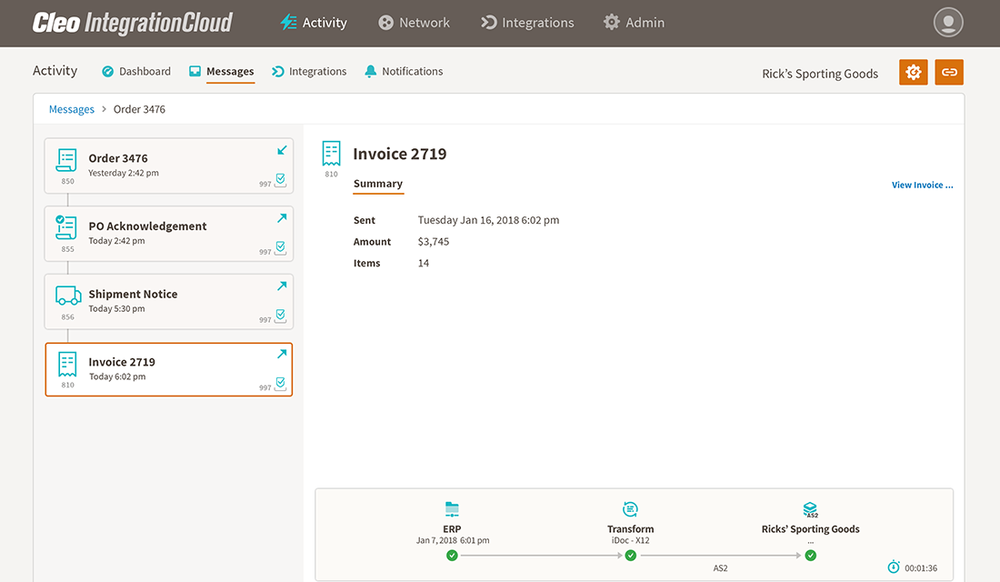 A screenshot of an EDI 810 Invoice in Cleo Integration Cloud