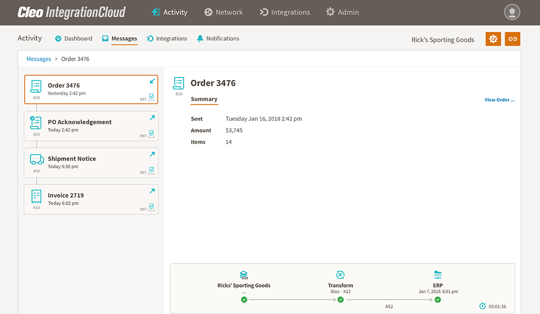 A screenshot of an EDI 850 Purchase Order in Cleo Integration Cloud